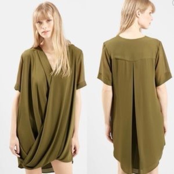 Topshop Women’s Sz 4 Olive Green Wrap Drape Front Tunic Mini Dress V-Neck Boho - Picture 1 of 10